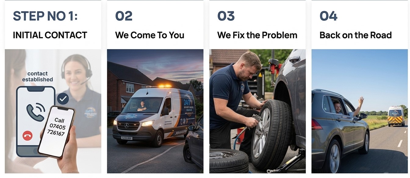 How it works: initial contact, we come to you, we fix the problem, then back on the road